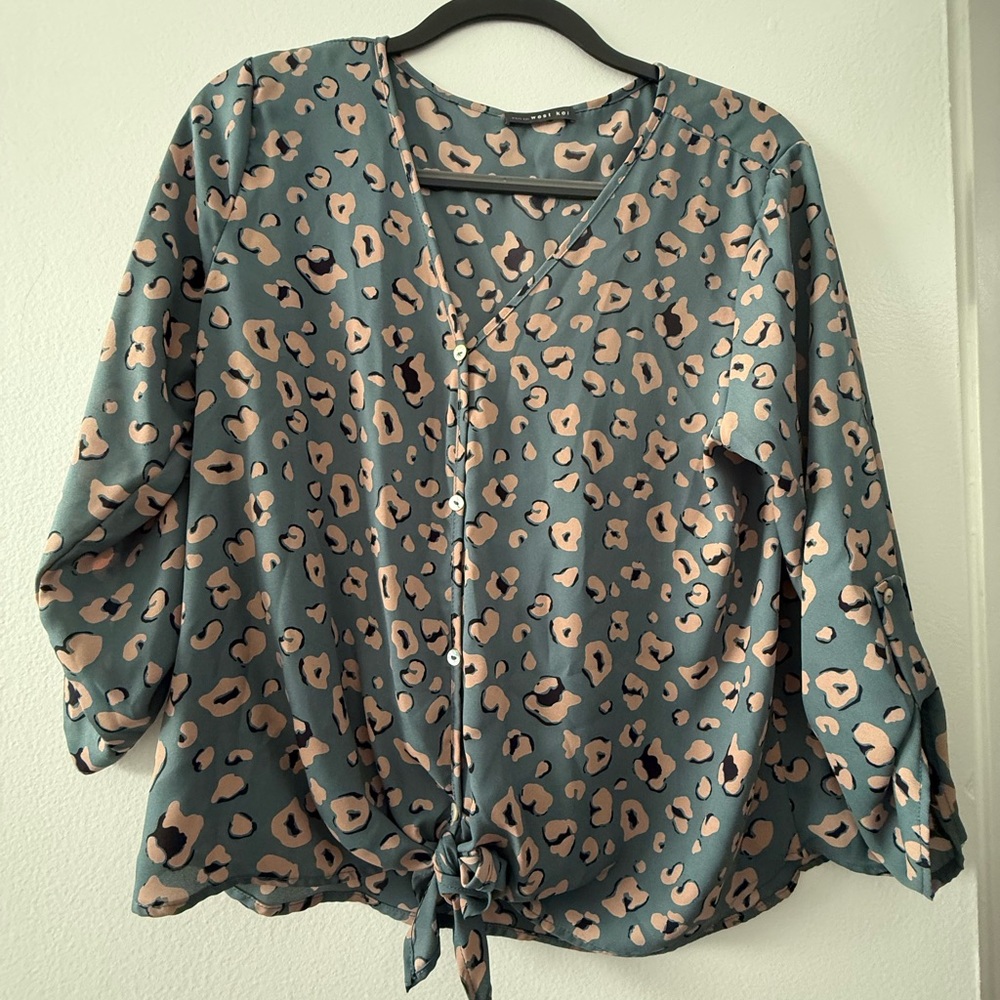 West Kei Blue and Gray Tie Front Blouse 3/4 Sleeve